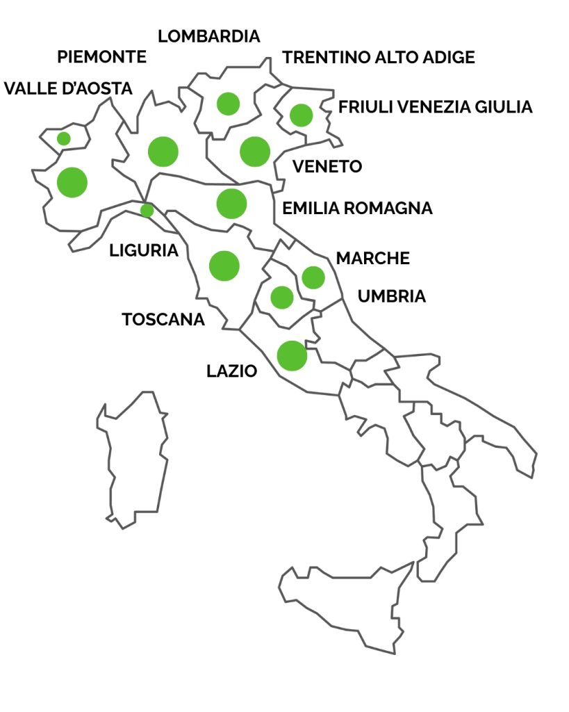 mappa dell'Italia con evidenziate le regioni del centro nord in cui è possibile beneficiare dell'incentivo Autoimpiego centro-nord